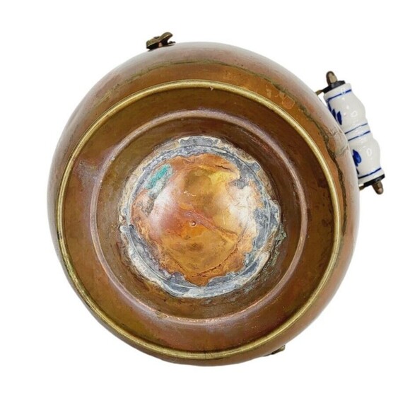 Antique Copper Brass Lion Head Hot Ash Scuttle Bucket Delft Porcelain Handle - Picture 11 of 13